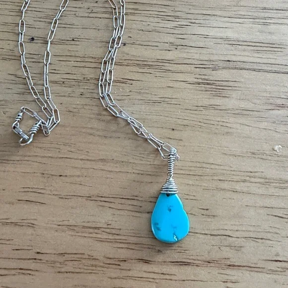 Turquoise Teardrop Pendant Necklace - Sterling Silver Chain - Picture 2 of 3